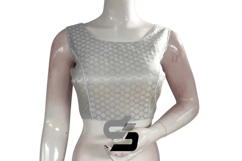 Silver Color Boat Neck Brocade Silk Designer Readymade Saree Blouse - D3blouses