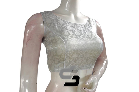 Silver Color Boat Neck Brocade Silk Designer Readymade Saree Blouse - D3blouses
