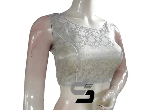 Silver Color Boat Neck Brocade Silk Designer Readymade Saree Blouse - D3blouses