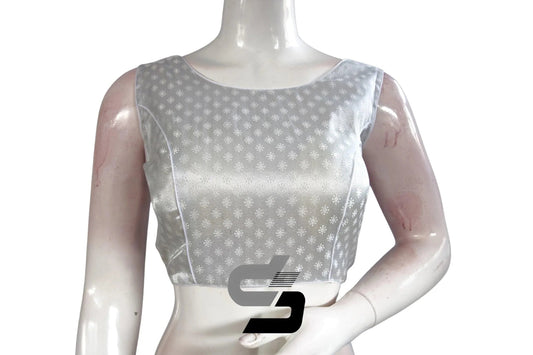 Silver Color Boat Neck Brocade Silk Designer Readymade Saree Blouse - D3blouses