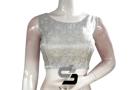 Silver Color Boat Neck Brocade Silk Designer Readymade Saree Blouse - D3blouses