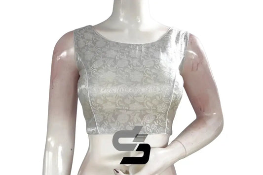 Silver Color Boat Neck Brocade Silk Designer Readymade Saree Blouse - D3blouses