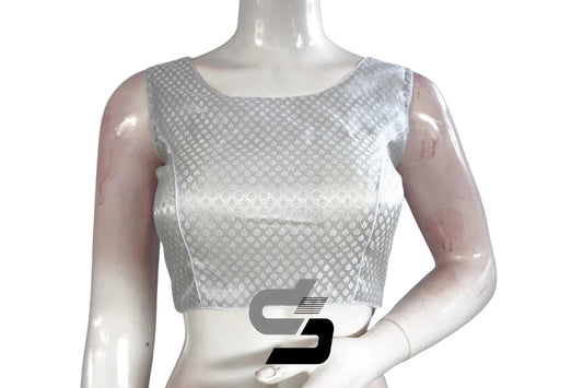 Silver Color Boat Neck Brocade Silk Designer Readymade Saree Blouse - D3blouses