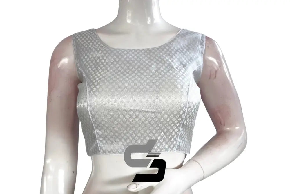 Silver Color Boat Neck Brocade Silk Designer Readymade Saree Blouse - D3blouses