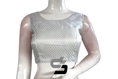 Silver Color Boat Neck Brocade Silk Designer Readymade Saree Blouse - D3blouses
