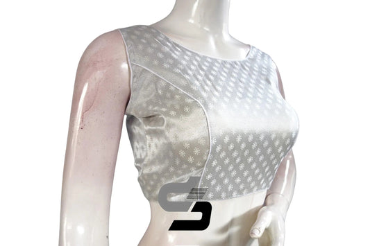 Silver Color Boat Neck Brocade Silk Designer Readymade Saree Blouse - D3blouses