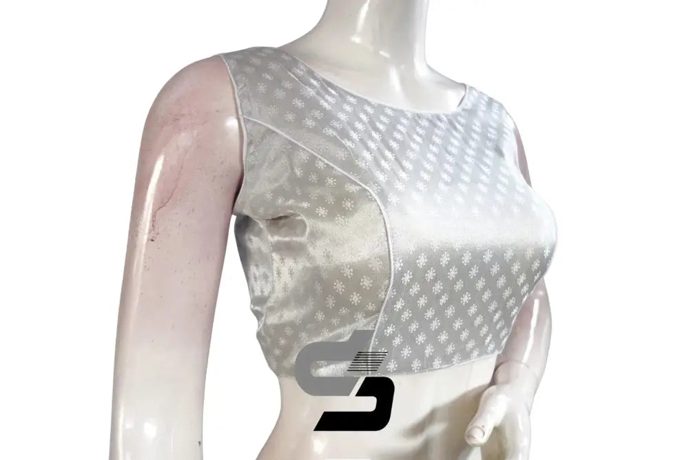 Silver Color Boat Neck Brocade Silk Designer Readymade Saree Blouse - D3blouses