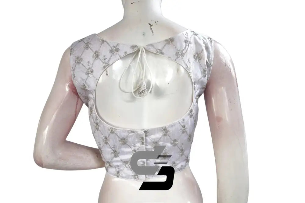 Silver Color Boat Neck Embroidery Designer Readymade Saree Blouse - D3blouses