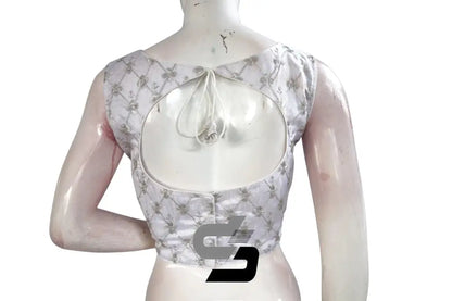 Silver Color Boat Neck Embroidery Designer Readymade Saree Blouse - D3blouses