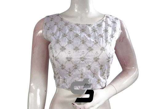 Silver Color Boat Neck Embroidery Designer Readymade Saree Blouse - D3blouses