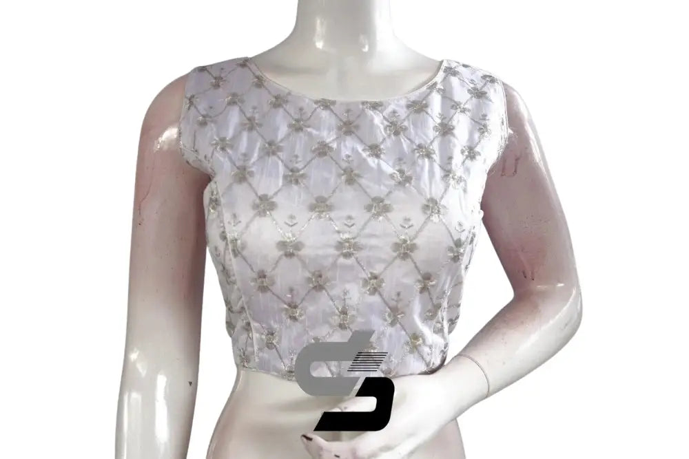 Silver Color Boat Neck Embroidery Designer Readymade Saree Blouse - D3blouses