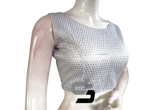 Silver Color Boat Neck Embroidery Designer Readymade Saree Blouse - D3blouses
