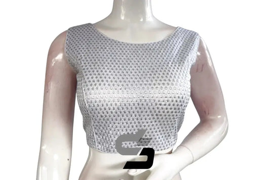 Silver Color Boat Neck Embroidery Designer Readymade Saree Blouse - D3blouses