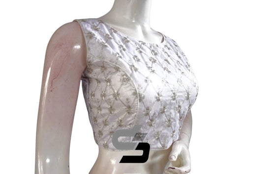 Silver Color Boat Neck Embroidery Designer Readymade Saree Blouse - D3blouses