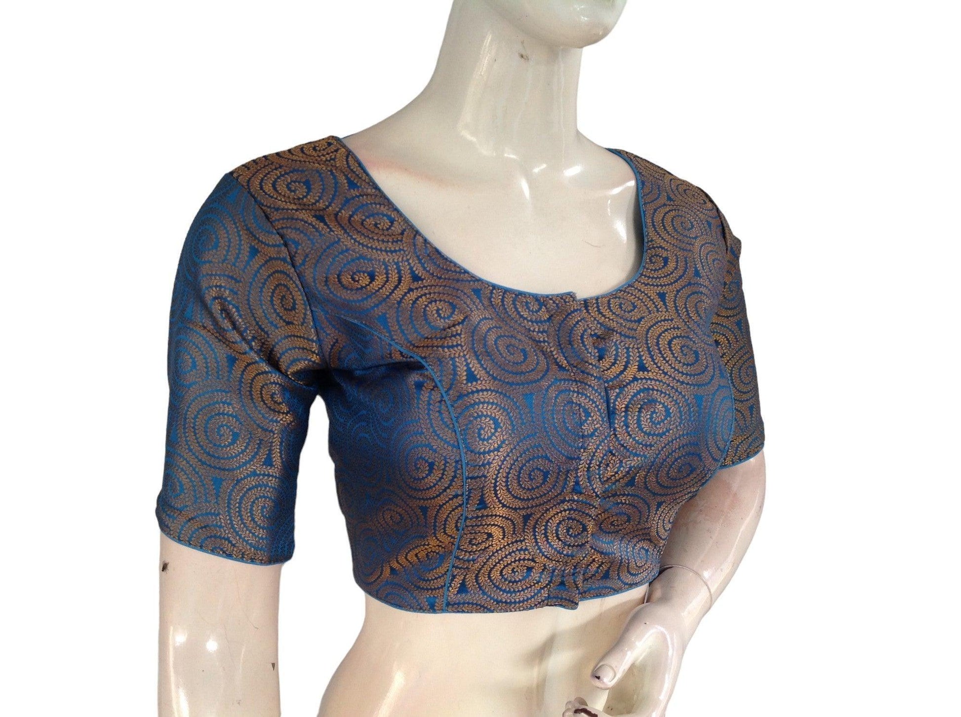 Sky Blue Color Brocade Readymade Saree Blouse, Indian Traditional Blouse - D3blouses