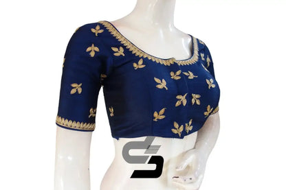 "Sleek and Stylish: Navy Blue Color Semi Silk Embroidered Readymade Blouse" - D3blouses