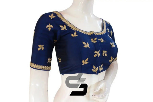 "Sleek and Stylish: Navy Blue Color Semi Silk Embroidered Readymade Blouse" - D3blouses