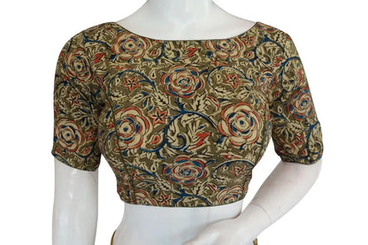 Sleek Kalamkari Boat Neck Saree Blouse, Ready-to-Wear Design - D3blouses