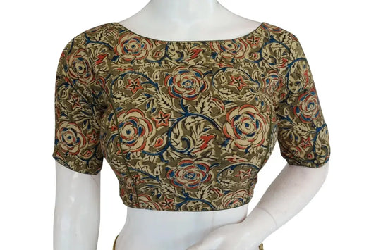 Sleek Kalamkari Boat Neck Saree Blouse, Ready-to-Wear Design - D3blouses
