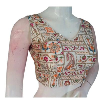 Sleeveless Floral Embroidery Semi-Silk Readymade Blouse - Off-White - D3blouses