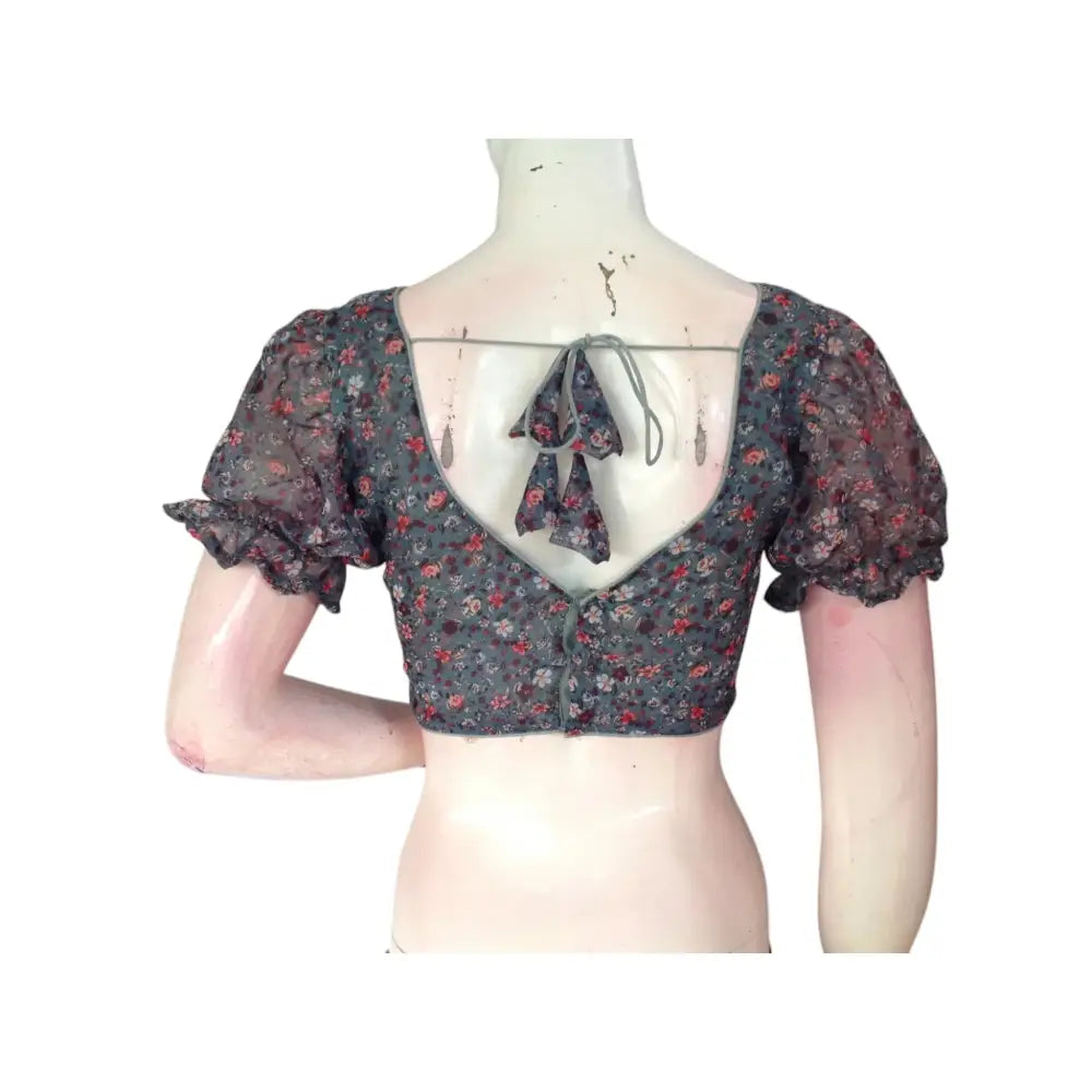 Soft and Subtle: Dark Pastel Grey Organza Puff Sleeve Readymade Blouse - D3blouses