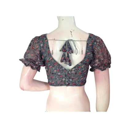 Soft and Subtle: Dark Pastel Grey Organza Puff Sleeve Readymade Blouse - D3blouses