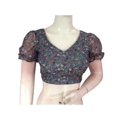 Soft and Subtle: Dark Pastel Grey Organza Puff Sleeve Readymade Blouse - D3blouses