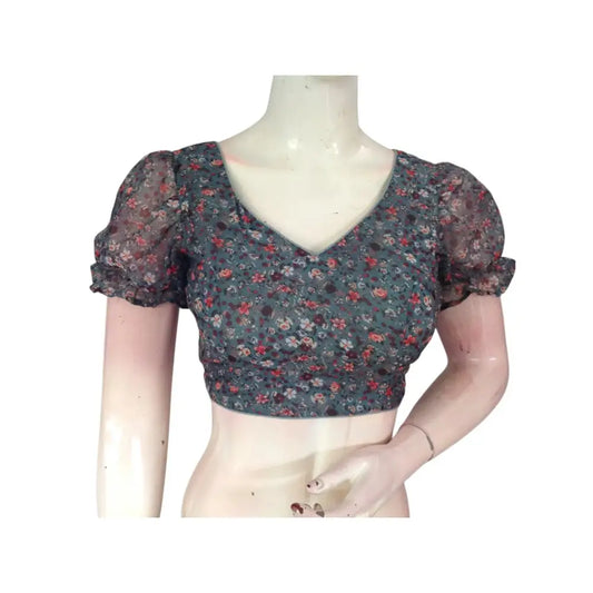 Soft and Subtle: Dark Pastel Grey Organza Puff Sleeve Readymade Blouse - D3blouses