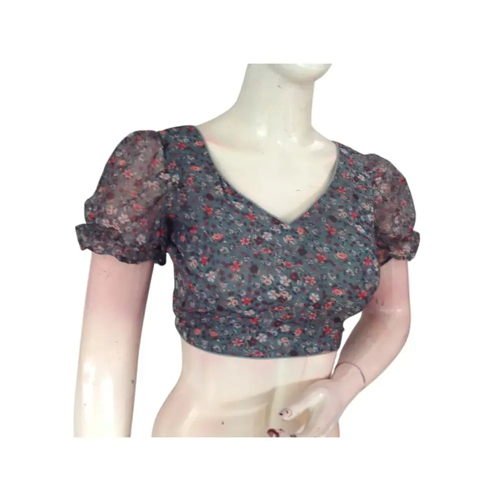 Soft and Subtle: Dark Pastel Grey Organza Puff Sleeve Readymade Blouse - D3blouses