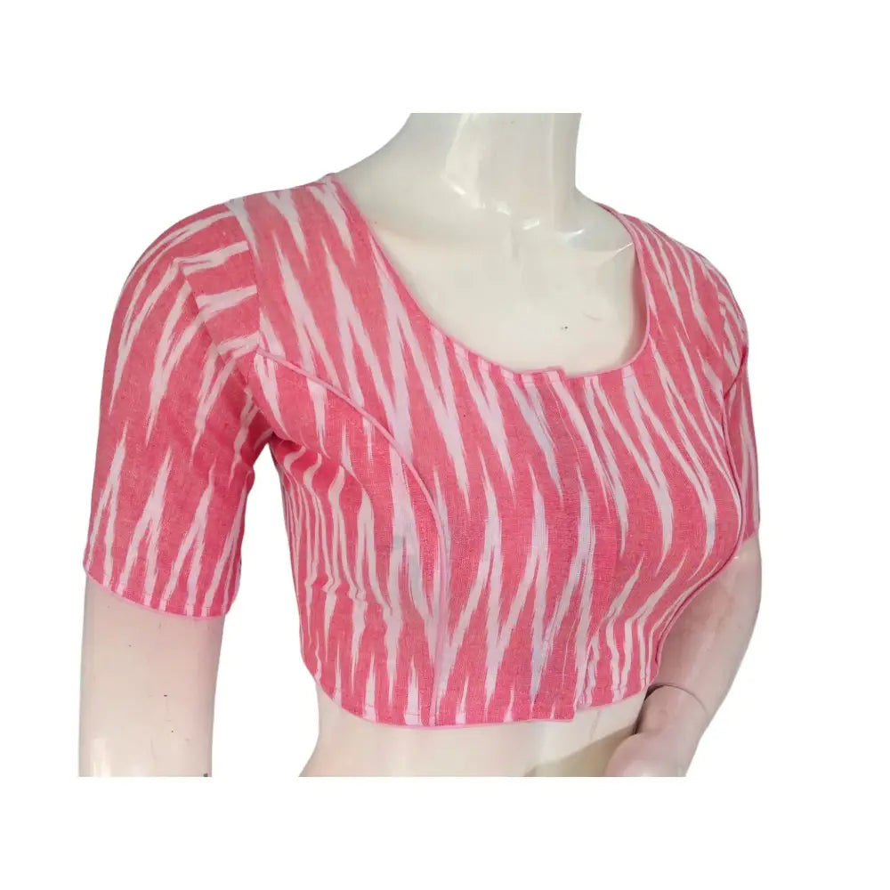 Soft Elegance: Pastel Pink Cotton High-Neck Blouse - D3blouses