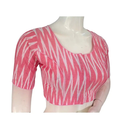 Soft Elegance: Pastel Pink Cotton High-Neck Blouse - D3blouses
