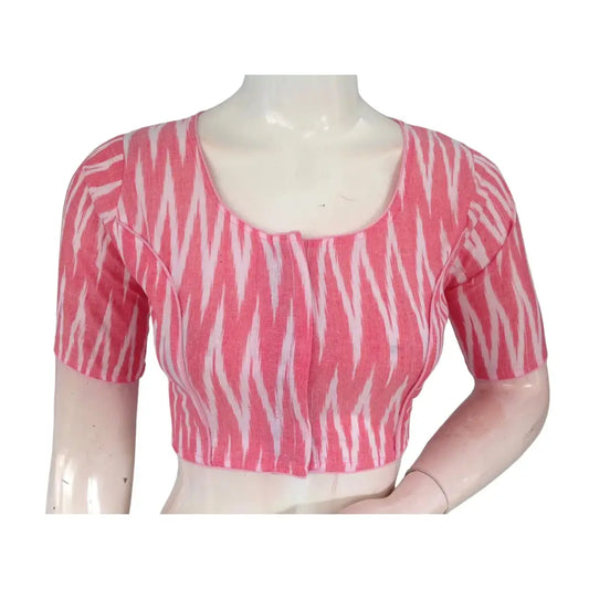 Soft Elegance: Pastel Pink Cotton High-Neck Blouse - D3blouses