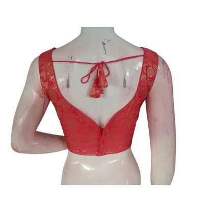 Soft Peach Pink Banaras Silk Ready made Saree Blouse: Delicate Charm - D3blouses