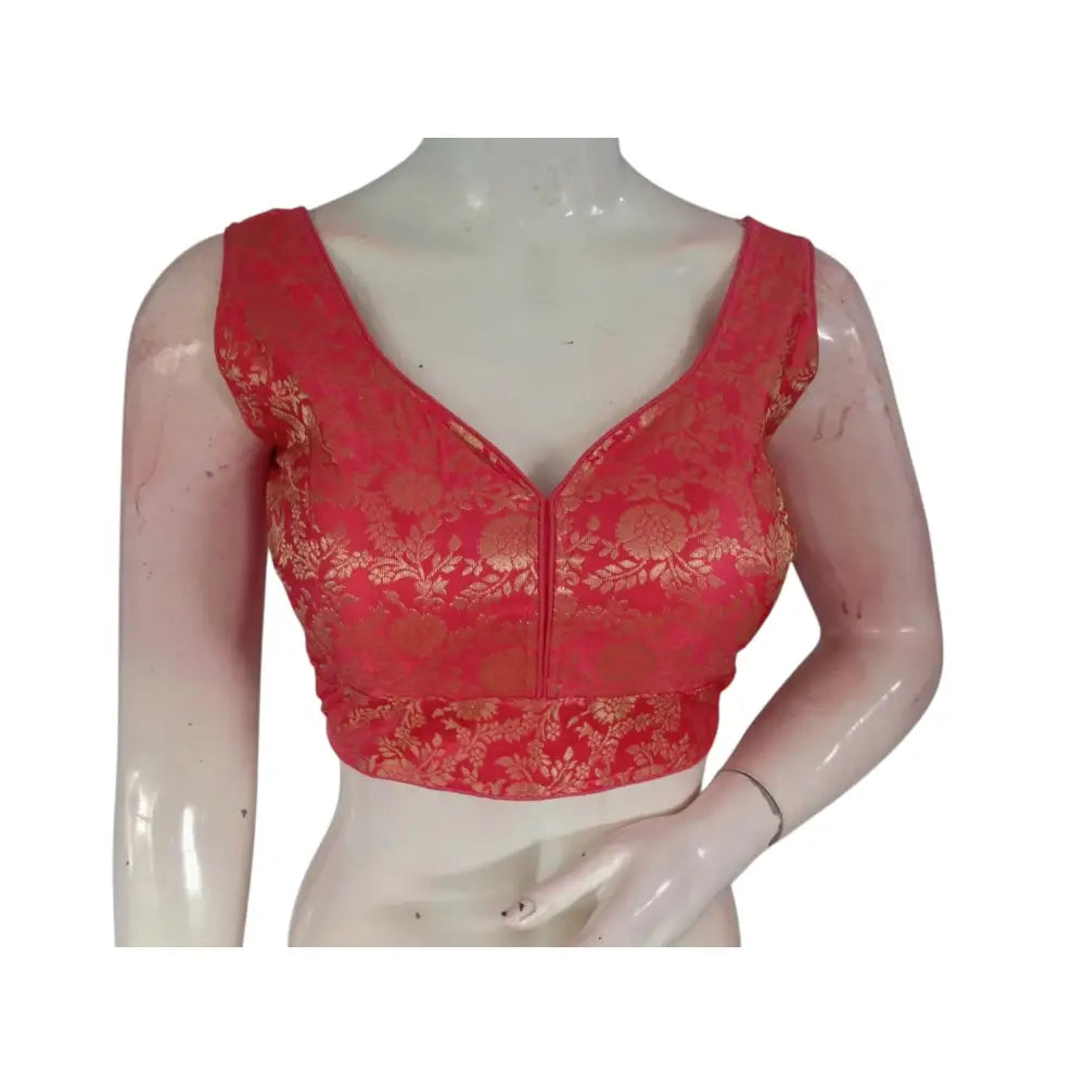 Soft Peach Pink Banaras Silk Ready made Saree Blouse: Delicate Charm - D3blouses