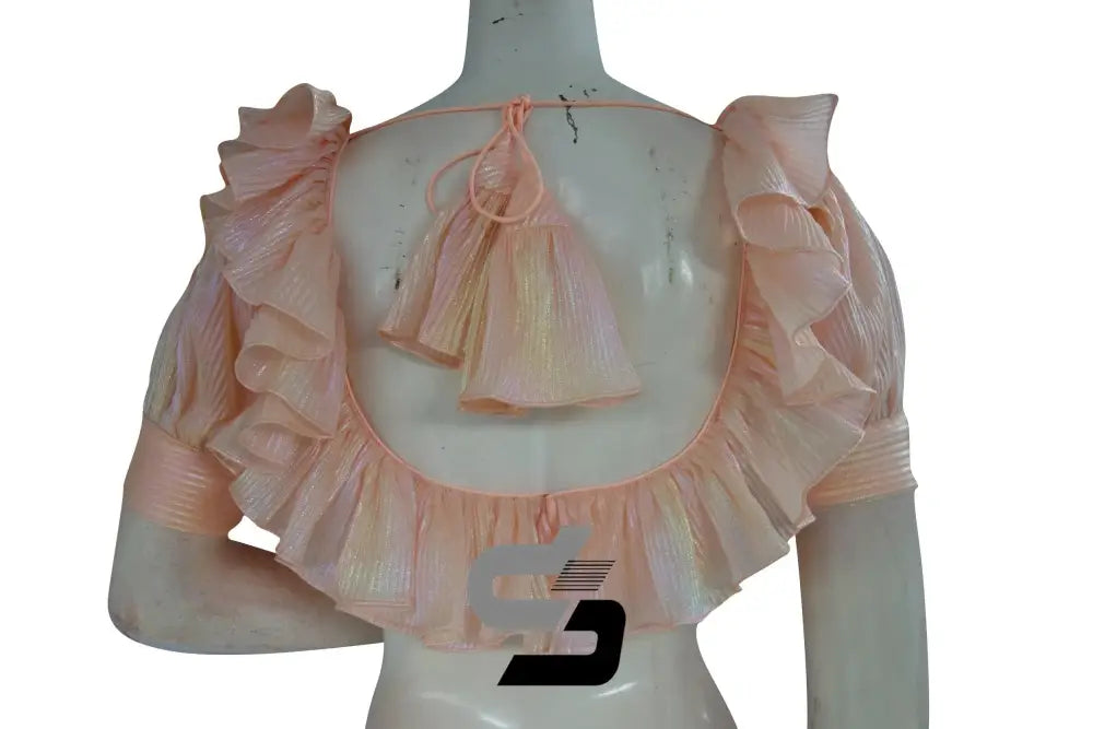 Soft Peach Pre-Pleated Saree Blouse: Frill Neckline, Puff Sleeves - D3blouses