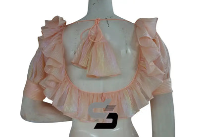Soft Peach Pre-Pleated Saree Blouse: Frill Neckline, Puff Sleeves - D3blouses