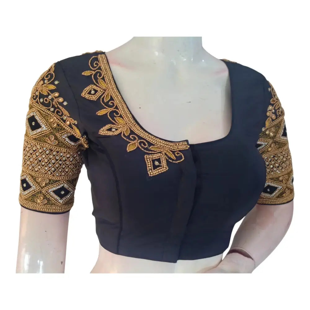 Sophisticated Black Color Aari Handwork Wedding Silk Saree Blouse - D3blouses