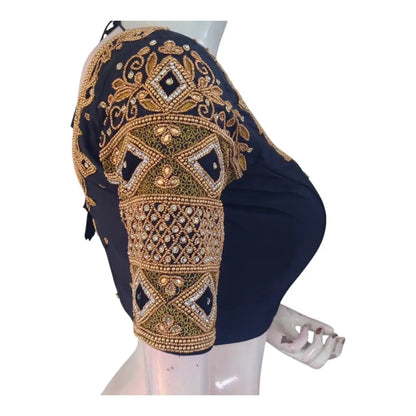 Sophisticated Black Color Aari Handwork Wedding Silk Saree Blouse - D3blouses