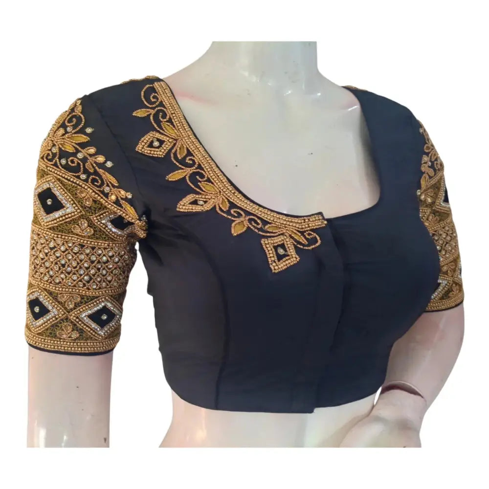 Sophisticated Black Color Aari Handwork Wedding Silk Saree Blouse - D3blouses