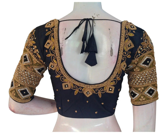 Sophisticated Black Color Aari Handwork Wedding Silk Saree Blouse - D3blouses