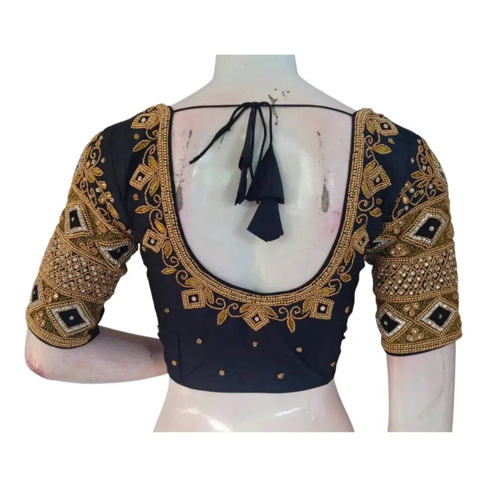 Sophisticated Black Color Aari Handwork Wedding Silk Saree Blouse - D3blouses