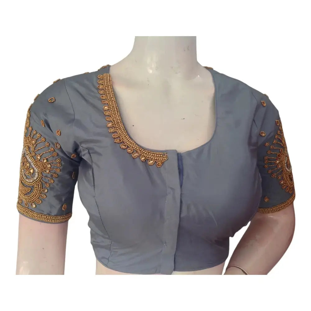 Sophisticated Grey Color Aari Handwork Wedding Silk Saree Blouse - D3blouses