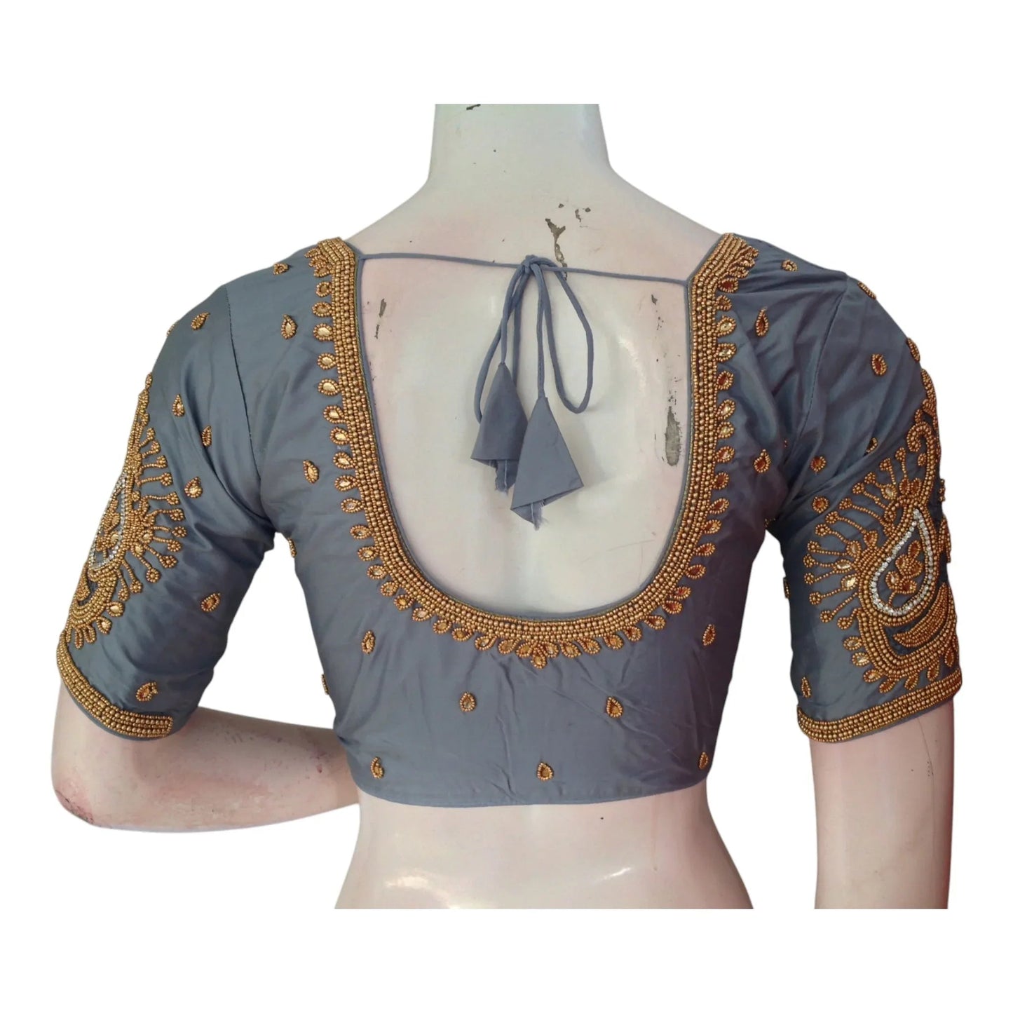 Sophisticated Grey Color Aari Handwork Wedding Silk Saree Blouse - D3blouses