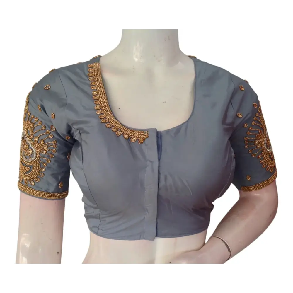 Sophisticated Grey Color Aari Handwork Wedding Silk Saree Blouse - D3blouses