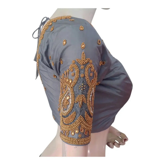 Sophisticated Grey Color Aari Handwork Wedding Silk Saree Blouse - D3blouses