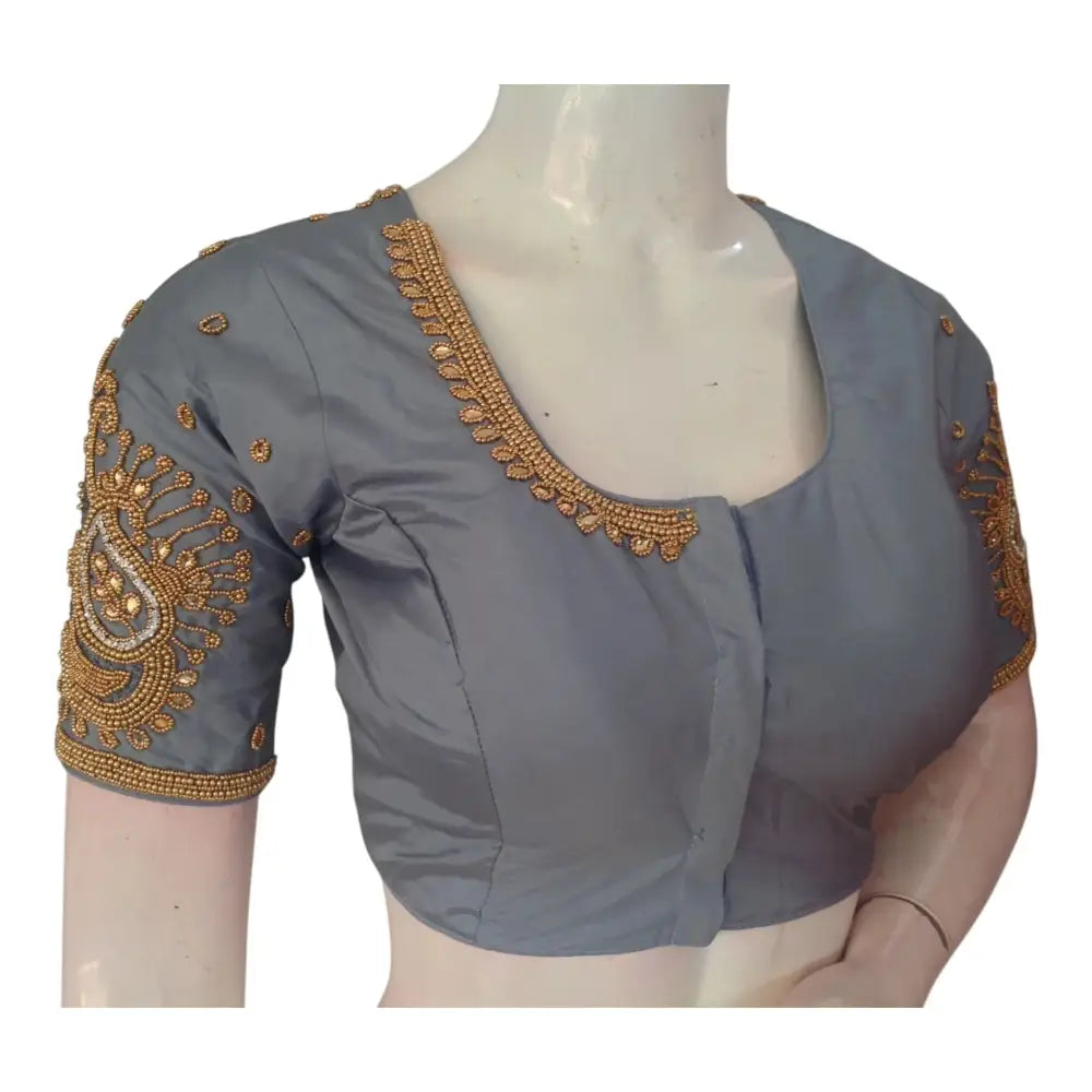 Sophisticated Grey Color Aari Handwork Wedding Silk Saree Blouse - D3blouses
