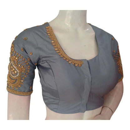 Sophisticated Grey Color Aari Handwork Wedding Silk Saree Blouse - D3blouses