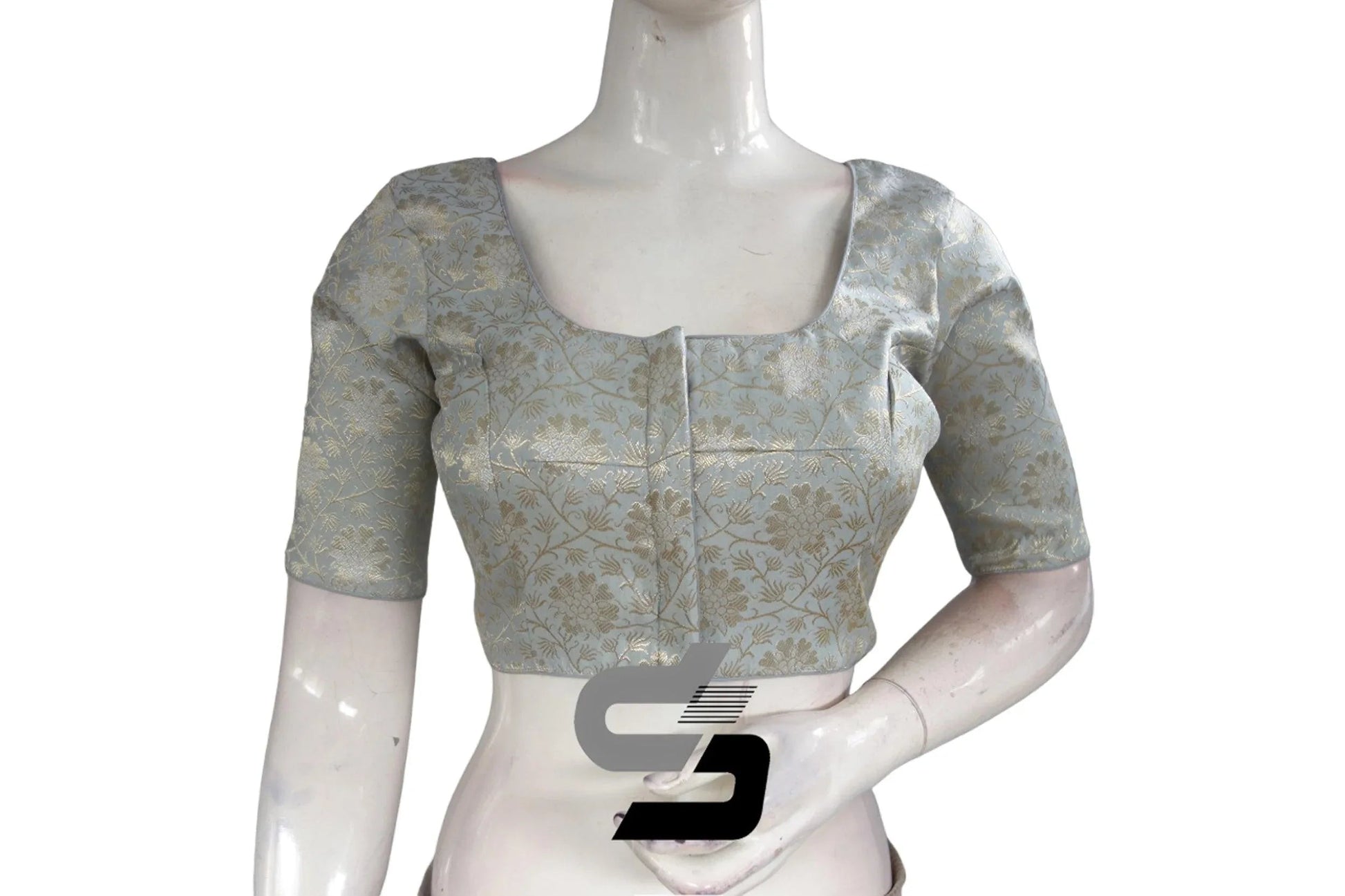 Sophisticated Grey-Silver Mix Premium Brocade Silk Saree Blouse, Indian Ethnic Wear - D3blouses