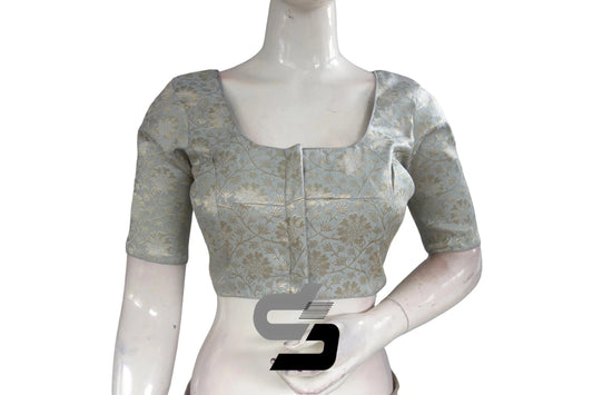 Sophisticated Grey-Silver Mix Premium Brocade Silk Saree Blouse, Indian Ethnic Wear - D3blouses