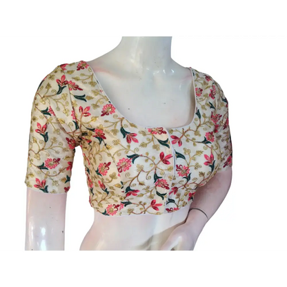 Sophisticated Off-White Silk Saree with Exquisite Embroidery Blouse - D3blouses